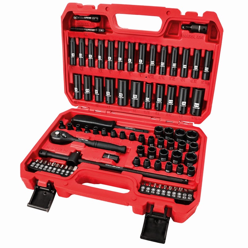 LLNDEI 1/4 inch Drive Impact Socket Set 83 Piece Standard SAE(5/32-9/16 inch) Metric Size(4-15mm) 72T Ratchet Wrench Handle CR-V Mechanics Tool Set with Adapter Screwdriver Bits for Automotive Repair - Image 1